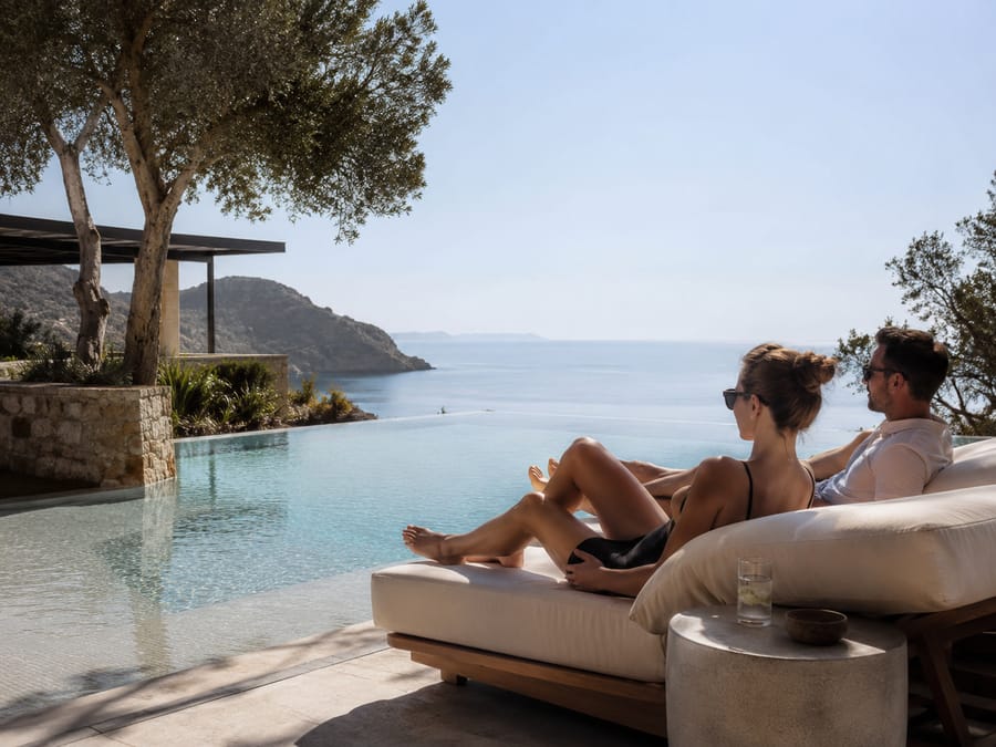 Pareja descansando junto a una piscina infinita frente al mar