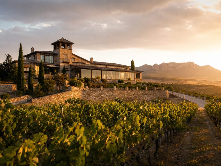 Hotel bodega entre viñedos al atardecer