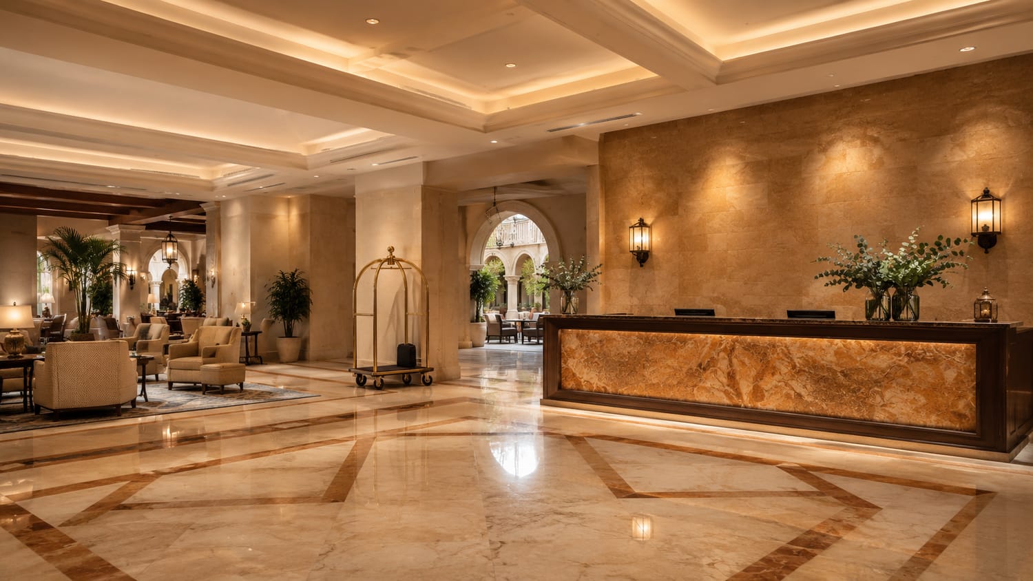 Recepción de un hotel de lujo con maderas nobles y luz cálida
