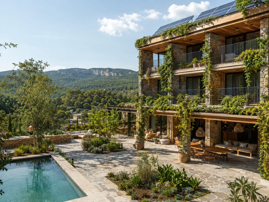 Hotel de montaña con placas solares en el tejado y fachada llena de plantas