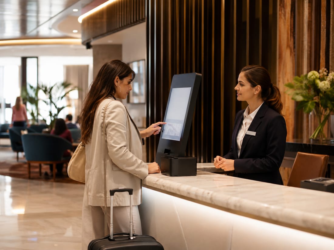 Cliente haciendo el check-in en un quiosco digital con ayuda de la recepcionista